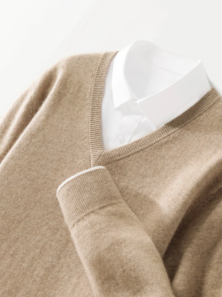 Men's 100% Cashmere Sweater V-neck Pullover Autumn Winter Basic Smart Casual Cashmere Knitwear Long Sleeve Clothing Topss