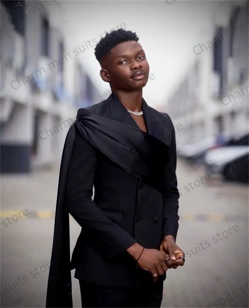 Wrap Black Men Suits Set Custom Made 2 Piece Blazer+Pants Jacket With Strap Office Formal Groom Wedding Tuxedo Prom Coat