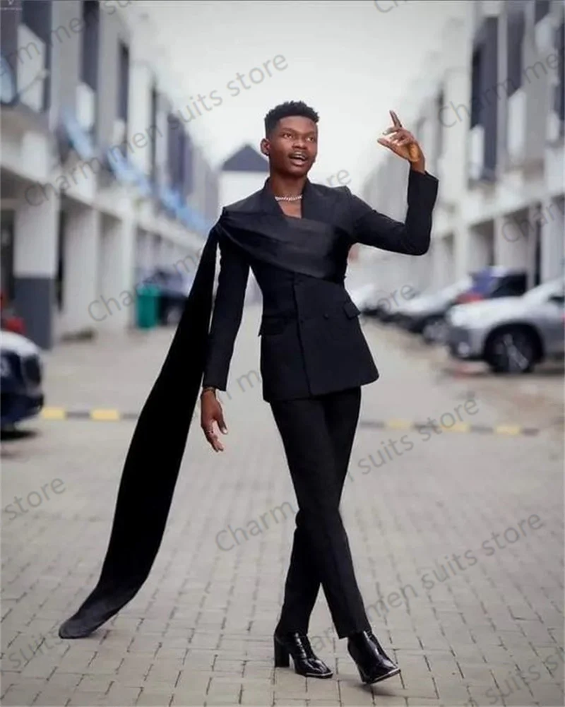 Wrap Black Men Suits Set Custom Made 2 Piece Blazer+Pants Jacket With Strap Office Formal Groom Wedding Tuxedo Prom Coat