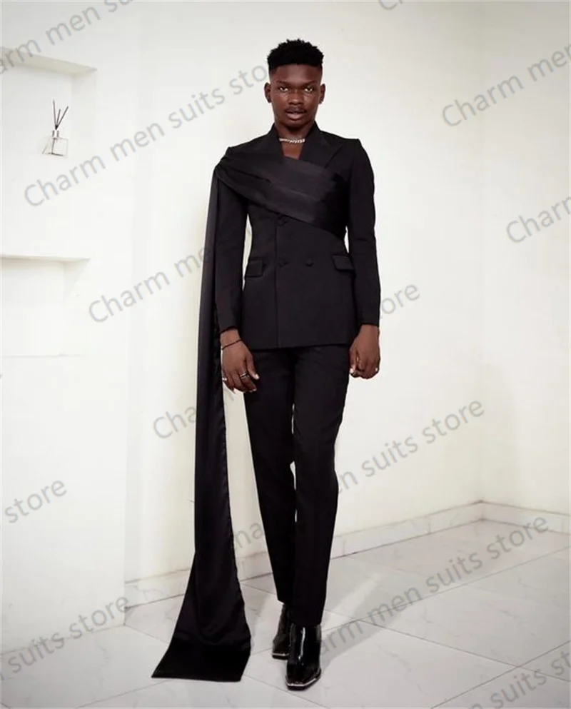Wrap Black Men Suits Set Custom Made 2 Piece Blazer+Pants Jacket With Strap Office Formal Groom Wedding Tuxedo Prom Coat
