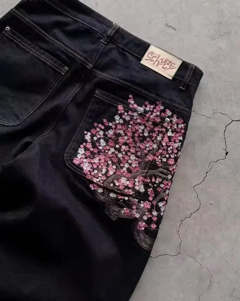 Jeans Embroidered Jeans Vintage Low Waist Wide Leg Trousers Harajuku Mens Womes Baggy Jeans Y2K Clothes