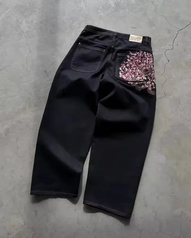 Jeans Embroidered Jeans Vintage Low Waist Wide Leg Trousers Harajuku Mens Womes Baggy Jeans Y2K Clothes
