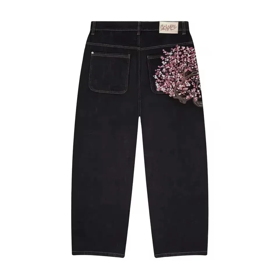 Jeans Embroidered Jeans Vintage Low Waist Wide Leg Trousers Harajuku Mens Womes Baggy Jeans Y2K Clothes