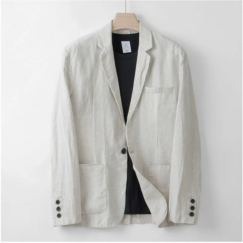 KIDWHXR Summer Men Suit Single-breasted Pocket Blazer Male Elastic Waist Pant Man Thin Cotton Linen Breathable 2-piece Outfit
