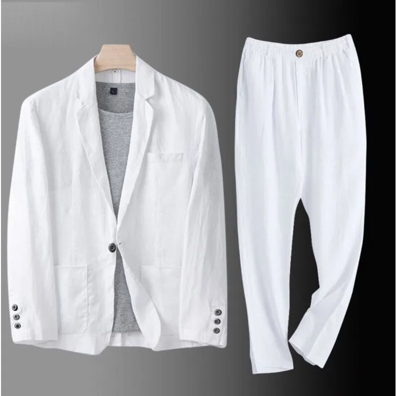KIDWHXR Summer Men Suit Single-breasted Pocket Blazer Male Elastic Waist Pant Man Thin Cotton Linen Breathable 2-piece Outfit