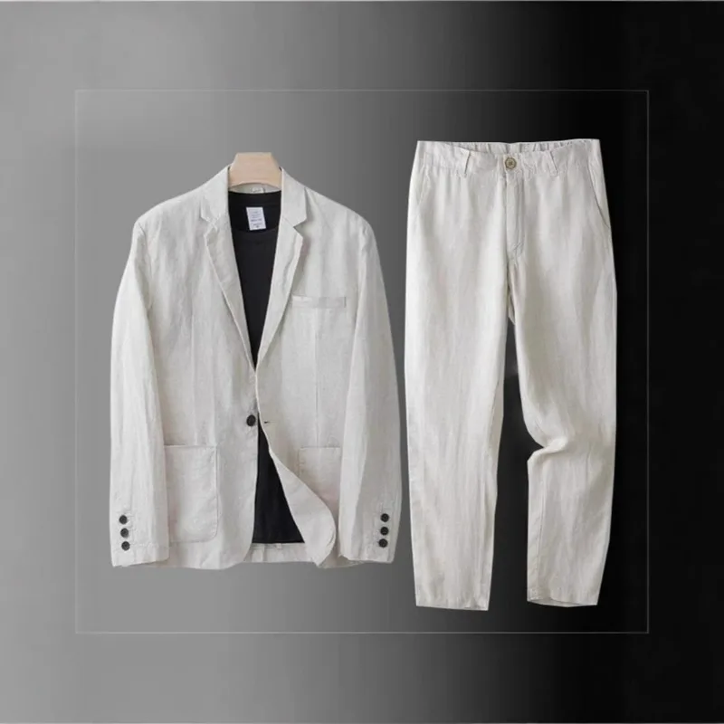 KIDWHXR Summer Men Suit Single-breasted Pocket Blazer Male Elastic Waist Pant Man Thin Cotton Linen Breathable 2-piece Outfit