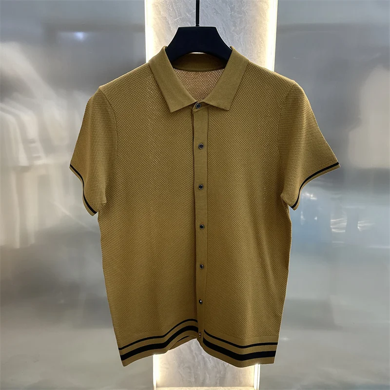 Summer Short Sleeve Lapel T-shirts Men Casual Business Knitted Cardigan Versatile Comfortable Tee Tops Ice Silk Polo Shirts