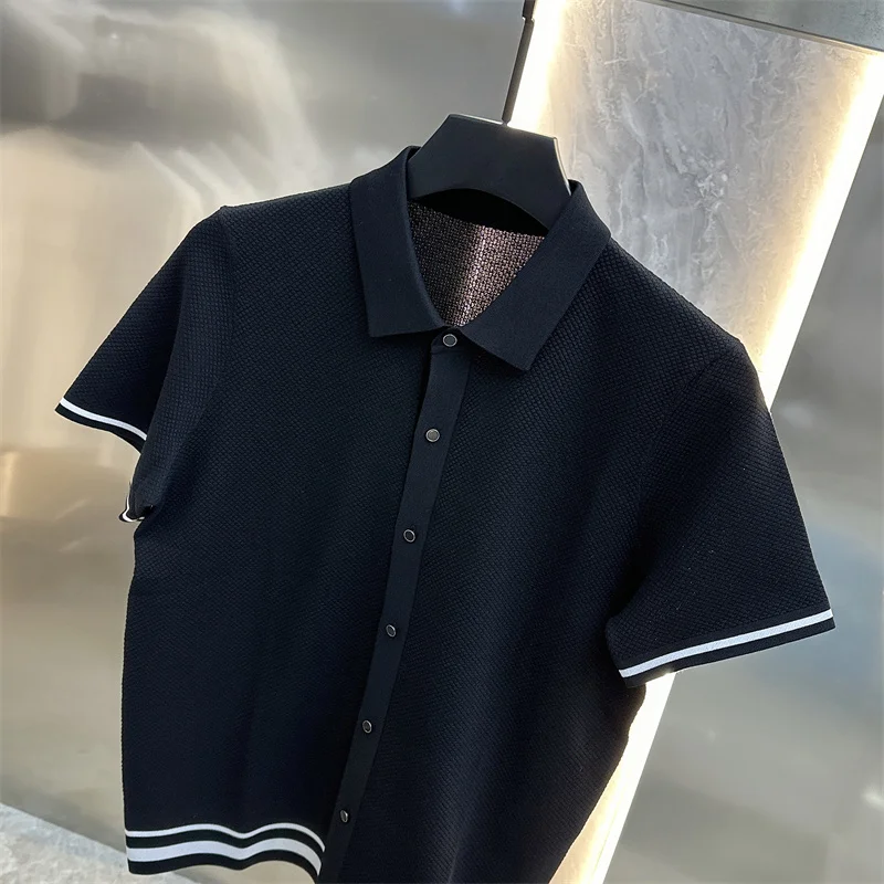 Summer Short Sleeve Lapel T-shirts Men Casual Business Knitted Cardigan Versatile Comfortable Tee Tops Ice Silk Polo Shirts
