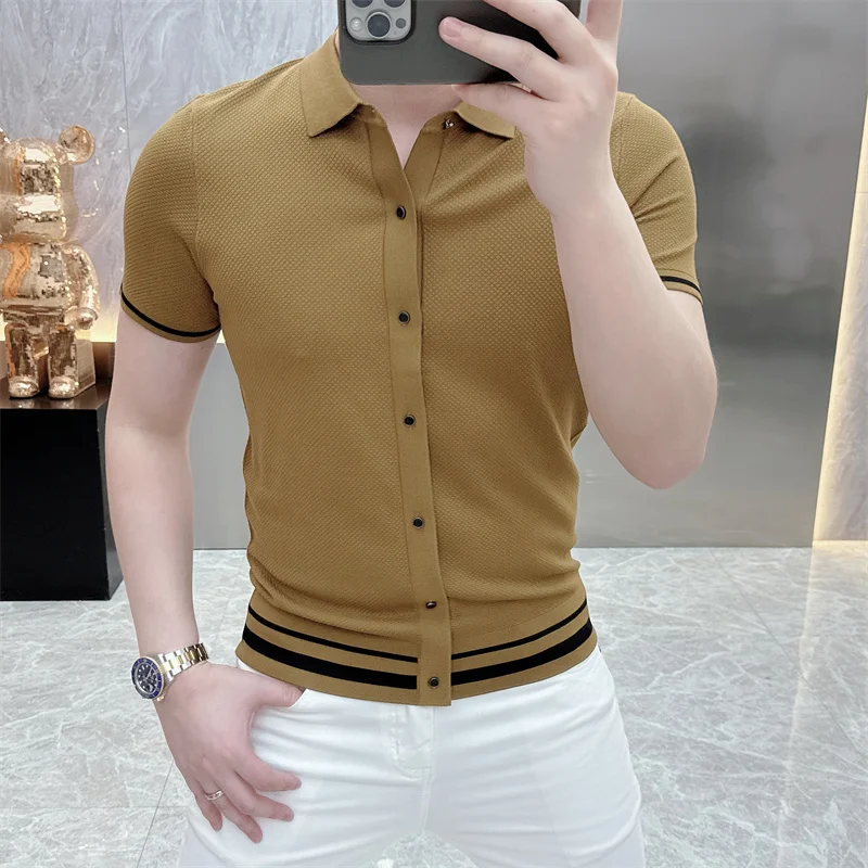 Summer Short Sleeve Lapel T-shirts Men Casual Business Knitted Cardigan Versatile Comfortable Tee Tops Ice Silk Polo Shirts