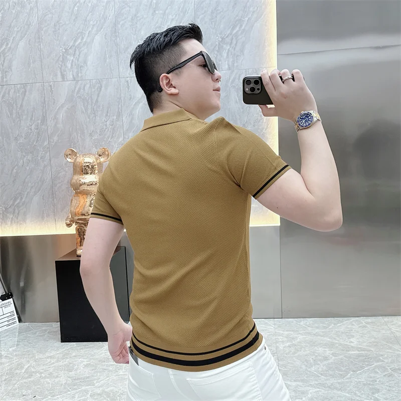 Summer Short Sleeve Lapel T-shirts Men Casual Business Knitted Cardigan Versatile Comfortable Tee Tops Ice Silk Polo Shirts