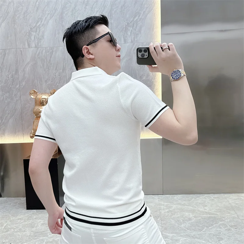 Summer Short Sleeve Lapel T-shirts Men Casual Business Knitted Cardigan Versatile Comfortable Tee Tops Ice Silk Polo Shirts