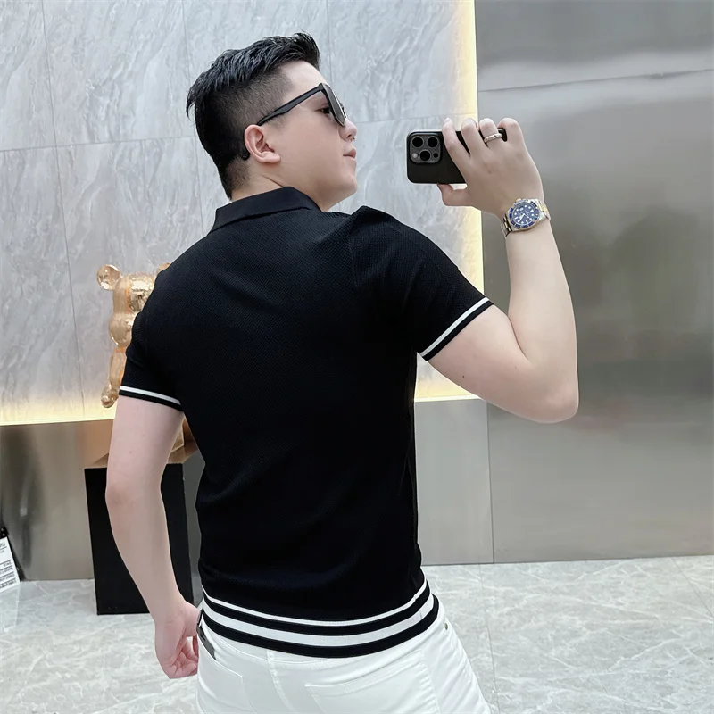 Summer Short Sleeve Lapel T-shirts Men Casual Business Knitted Cardigan Versatile Comfortable Tee Tops Ice Silk Polo Shirts