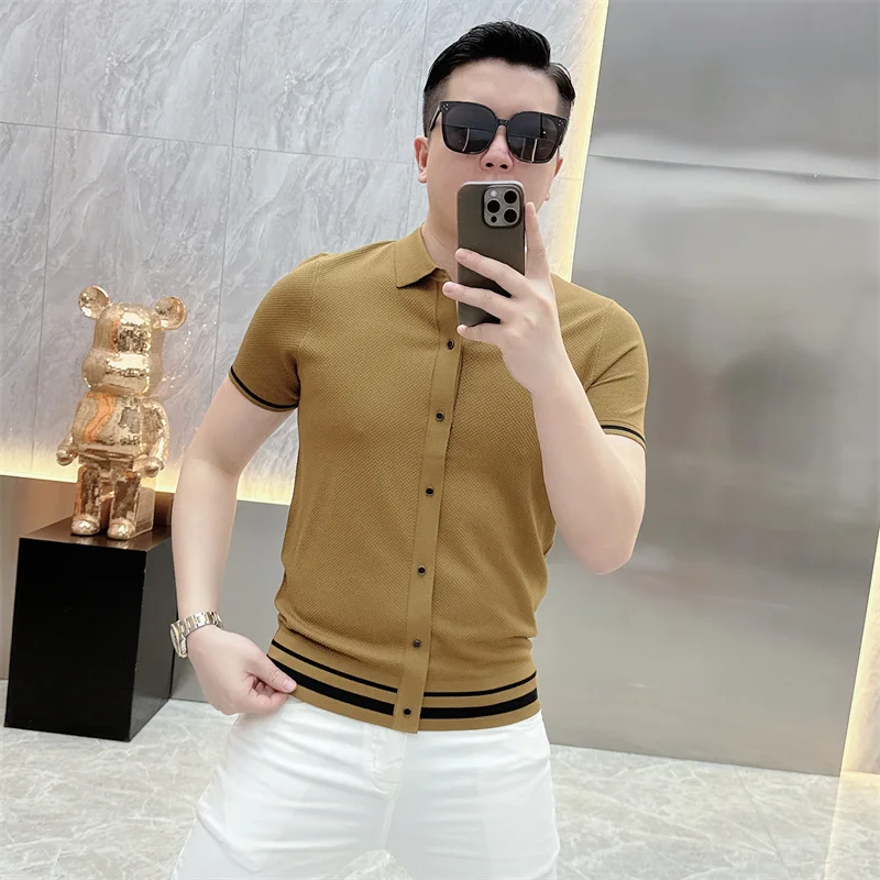 Summer Short Sleeve Lapel T-shirts Men Casual Business Knitted Cardigan Versatile Comfortable Tee Tops Ice Silk Polo Shirts