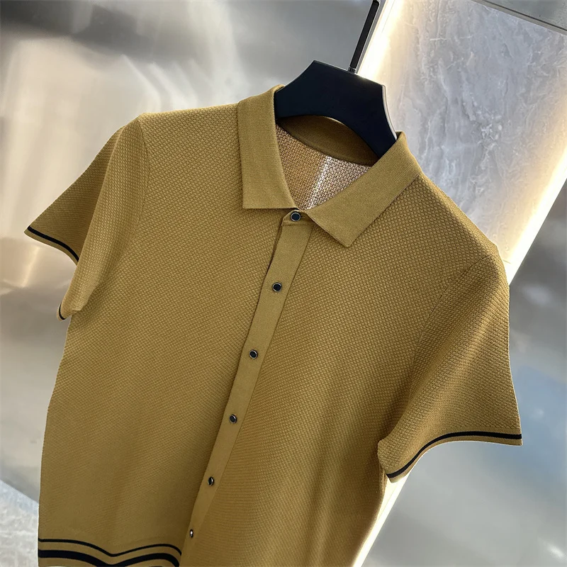 Summer Short Sleeve Lapel T-shirts Men Casual Business Knitted Cardigan Versatile Comfortable Tee Tops Ice Silk Polo Shirts