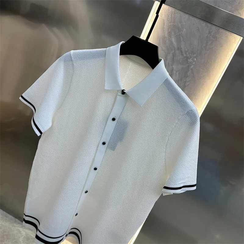 Summer Short Sleeve Lapel T-shirts Men Casual Business Knitted Cardigan Versatile Comfortable Tee Tops Ice Silk Polo Shirts