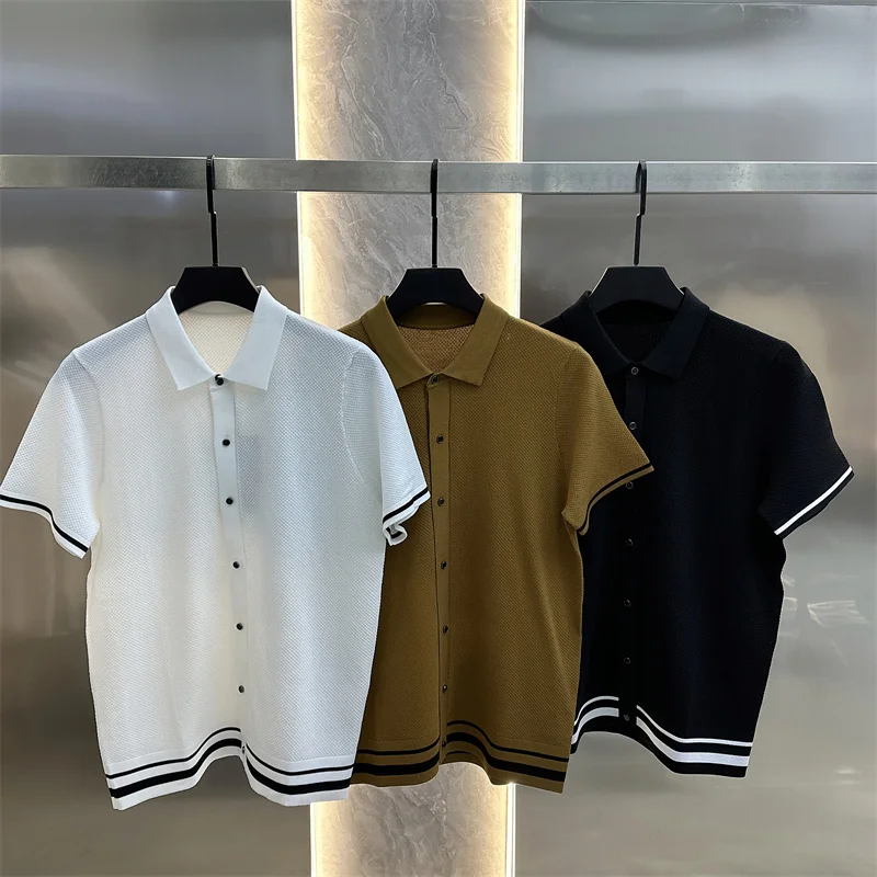 Summer Short Sleeve Lapel T-shirts Men Casual Business Knitted Cardigan Versatile Comfortable Tee Tops Ice Silk Polo Shirts