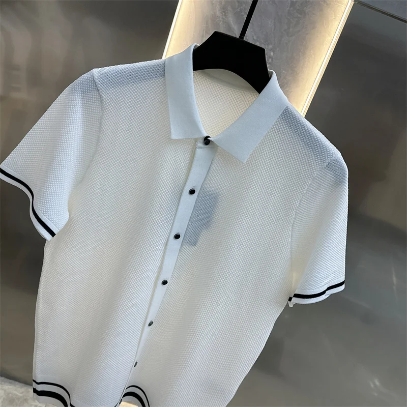 Summer Short Sleeve Lapel T-shirts Men Casual Business Knitted Cardigan Versatile Comfortable Tee Tops Ice Silk Polo Shirts