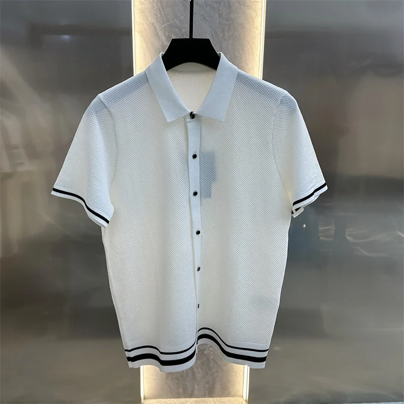 Summer Short Sleeve Lapel T-shirts Men Casual Business Knitted Cardigan Versatile Comfortable Tee Tops Ice Silk Polo Shirts