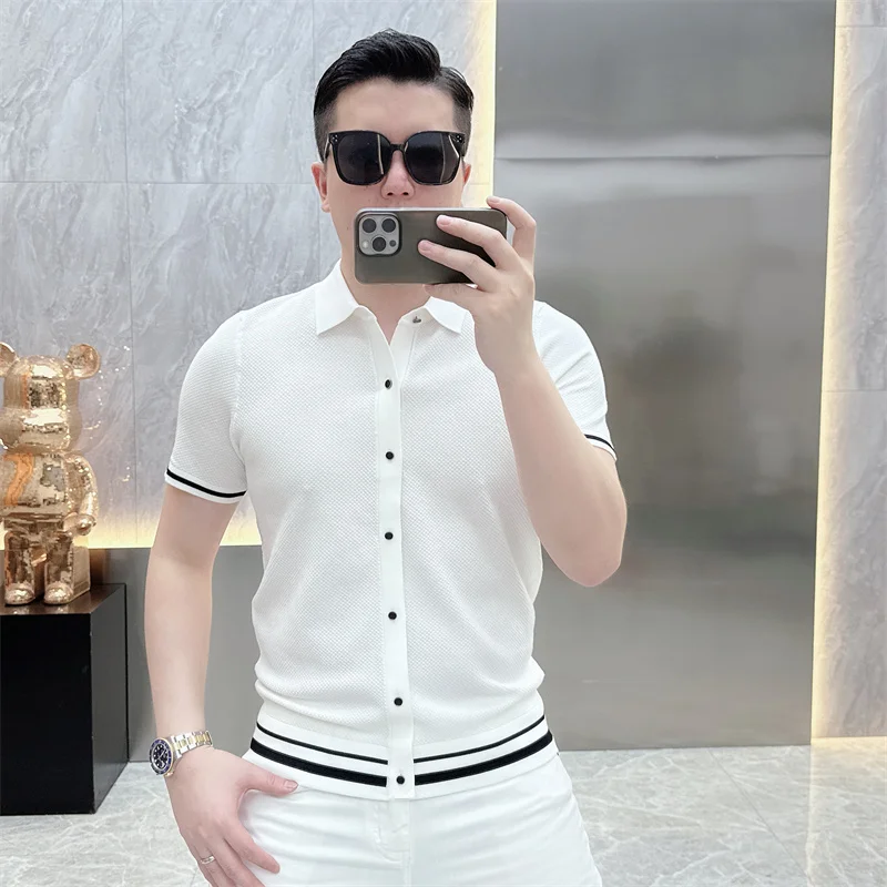 Summer Short Sleeve Lapel T-shirts Men Casual Business Knitted Cardigan Versatile Comfortable Tee Tops Ice Silk Polo Shirts