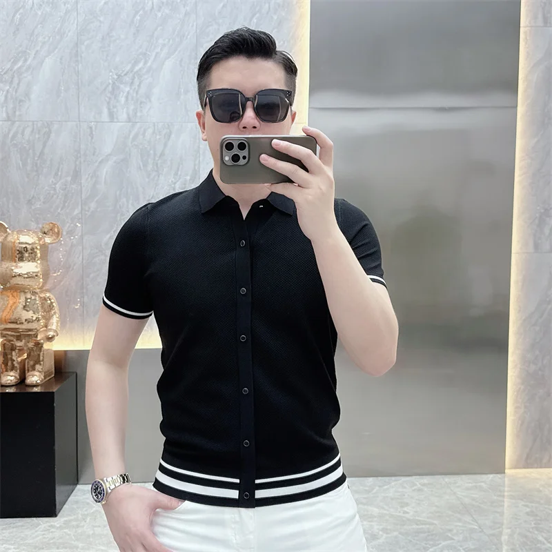 Summer Short Sleeve Lapel T-shirts Men Casual Business Knitted Cardigan Versatile Comfortable Tee Tops Ice Silk Polo Shirts
