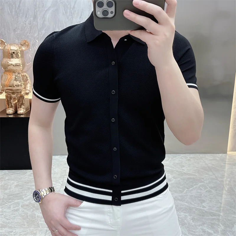 Summer Short Sleeve Lapel T-shirts Men Casual Business Knitted Cardigan Versatile Comfortable Tee Tops Ice Silk Polo Shirts