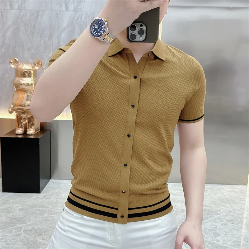 Summer Short Sleeve Lapel T-shirts Men Casual Business Knitted Cardigan Versatile Comfortable Tee Tops Ice Silk Polo Shirts