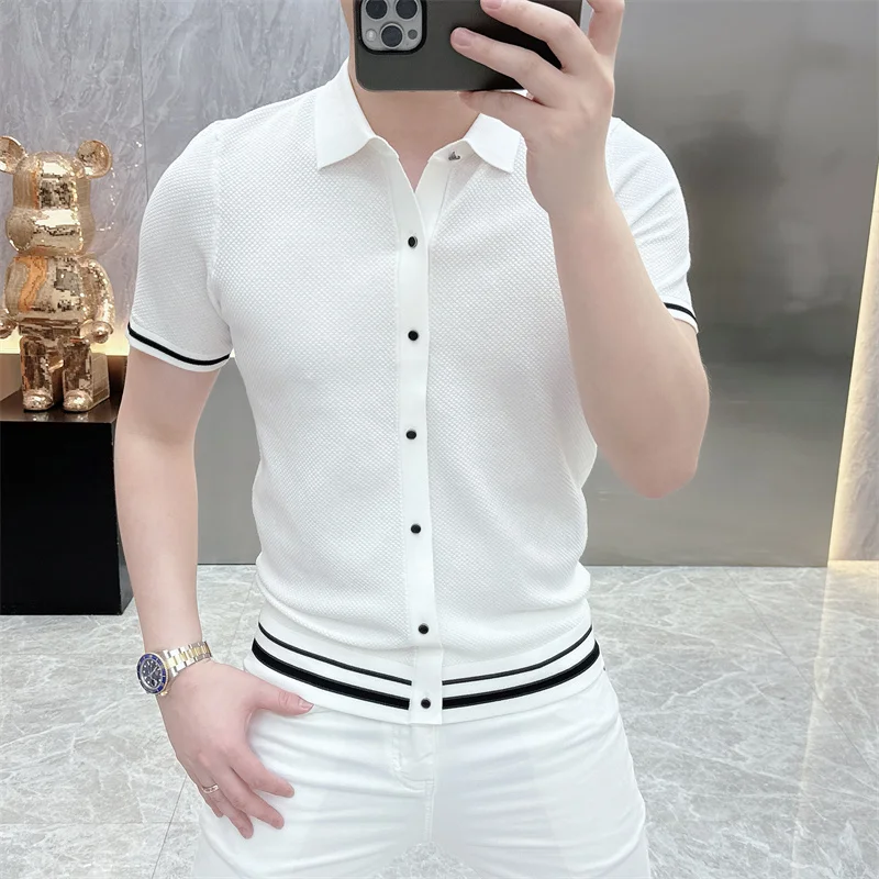 Summer Short Sleeve Lapel T-shirts Men Casual Business Knitted Cardigan Versatile Comfortable Tee Tops Ice Silk Polo Shirts