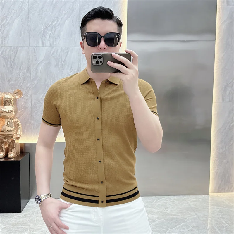 Summer Short Sleeve Lapel T-shirts Men Casual Business Knitted Cardigan Versatile Comfortable Tee Tops Ice Silk Polo Shirts