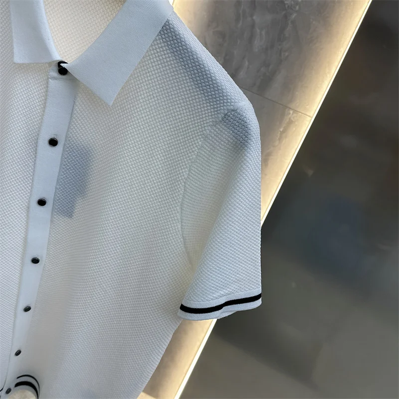 Summer Short Sleeve Lapel T-shirts Men Casual Business Knitted Cardigan Versatile Comfortable Tee Tops Ice Silk Polo Shirts