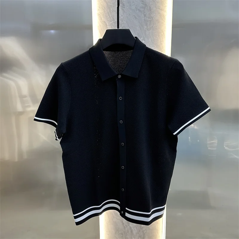 Summer Short Sleeve Lapel T-shirts Men Casual Business Knitted Cardigan Versatile Comfortable Tee Tops Ice Silk Polo Shirts