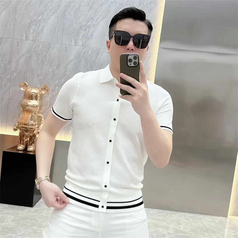 Summer Short Sleeve Lapel T-shirts Men Casual Business Knitted Cardigan Versatile Comfortable Tee Tops Ice Silk Polo Shirts