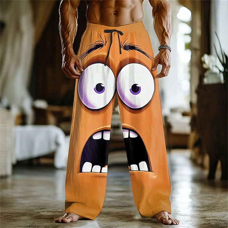 3D printed facial expression pattern, fashionable high-quality comfortable men's wide-leg pants, trendy printed men's pants