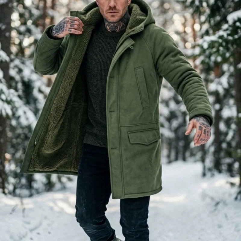 Men’s Hooded Fleece Jacket New Winter Arrival Faux-Fur Lined Coat Outdoor Windproof Jacket Hunting Hiking Windbreaker Jacket