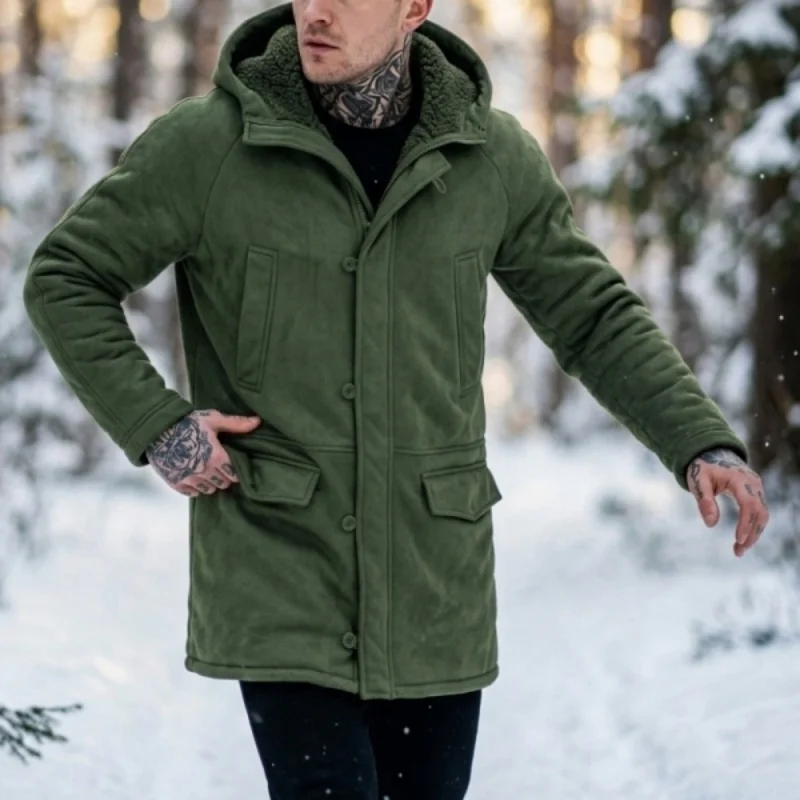 Men’s Hooded Fleece Jacket New Winter Arrival Faux-Fur Lined Coat Outdoor Windproof Jacket Hunting Hiking Windbreaker Jacket