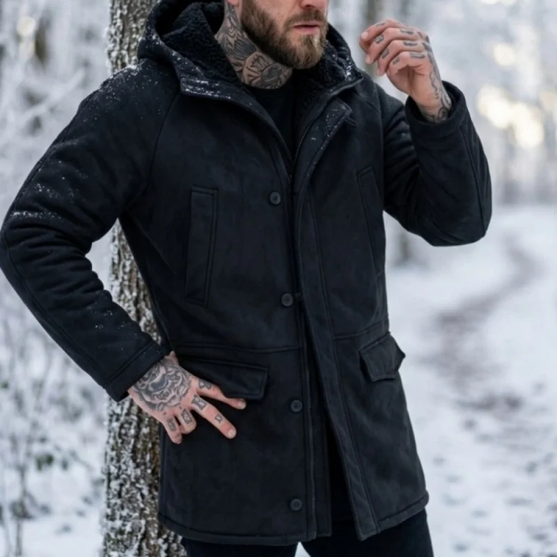 Men’s Hooded Fleece Jacket New Winter Arrival Faux-Fur Lined Coat Outdoor Windproof Jacket Hunting Hiking Windbreaker Jacket