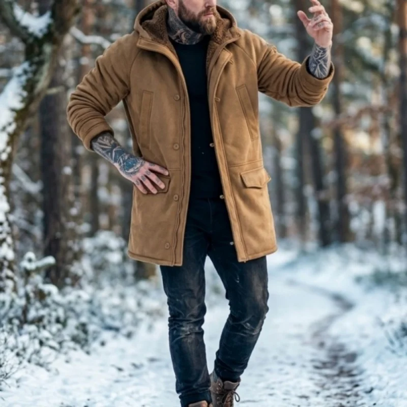 Men’s Hooded Fleece Jacket New Winter Arrival Faux-Fur Lined Coat Outdoor Windproof Jacket Hunting Hiking Windbreaker Jacket