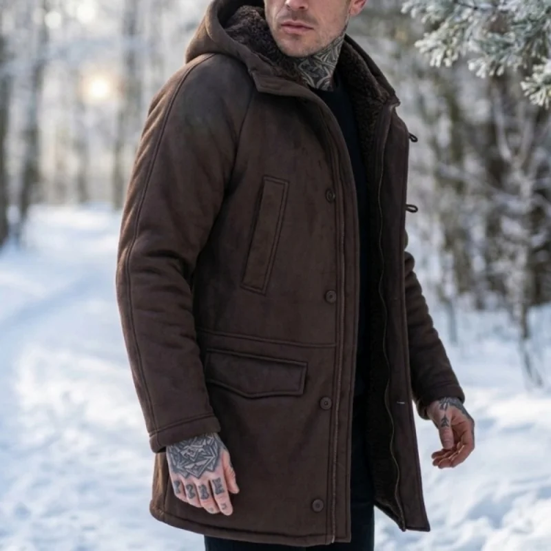 Men’s Hooded Fleece Jacket New Winter Arrival Faux-Fur Lined Coat Outdoor Windproof Jacket Hunting Hiking Windbreaker Jacket