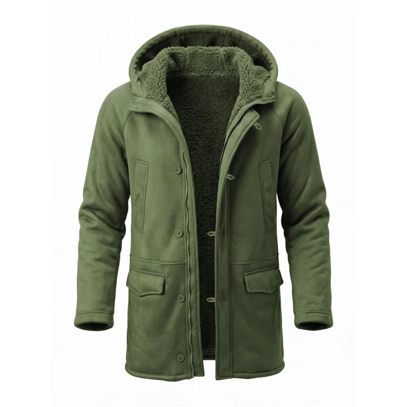 Men’s Hooded Fleece Jacket New Winter Arrival Faux-Fur Lined Coat Outdoor Windproof Jacket Hunting Hiking Windbreaker Jacket