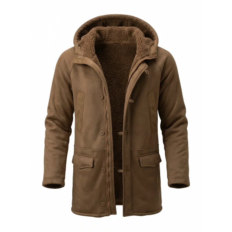 Men’s Hooded Fleece Jacket New Winter Arrival Faux-Fur Lined Coat Outdoor Windproof Jacket Hunting Hiking Windbreaker Jacket