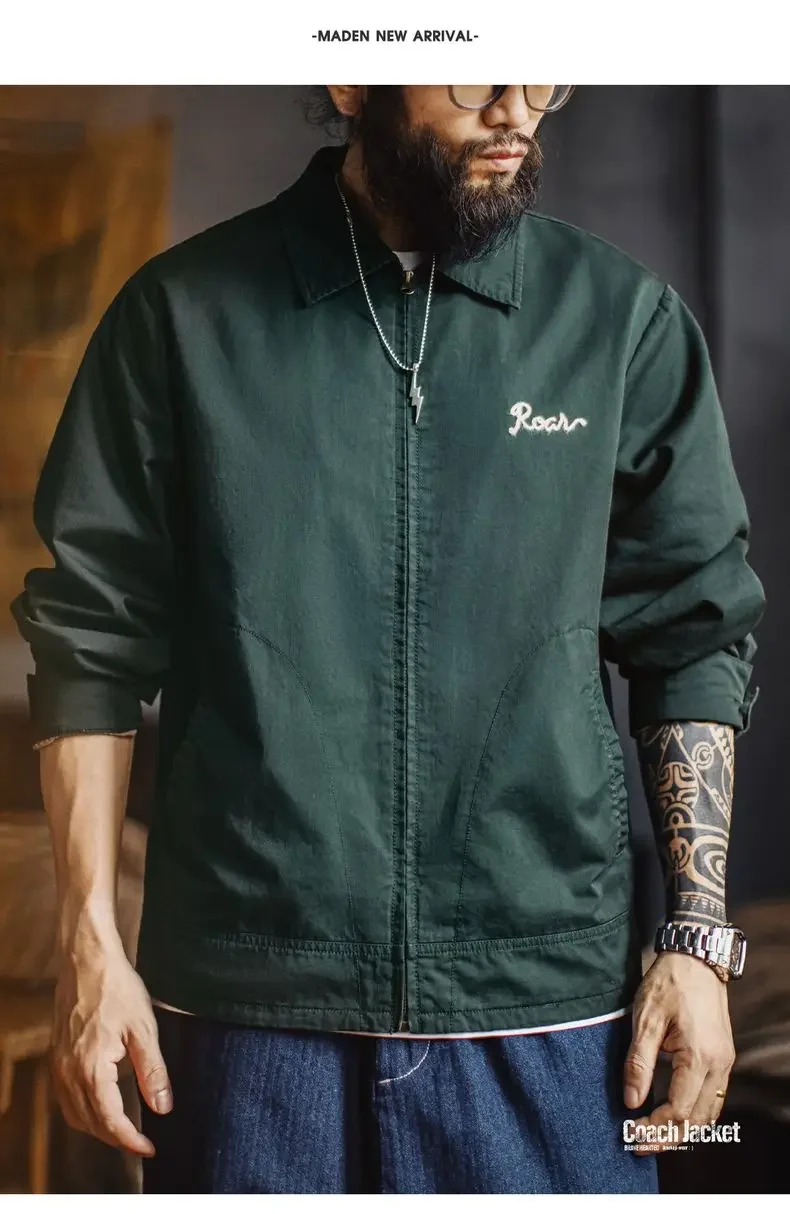 Maden Men's Green Tiger Embroidery Jacket Vintage Heavyweight Cotton Zip-Up Coat Lapel Collar Casual Overcoat for Spring Fall