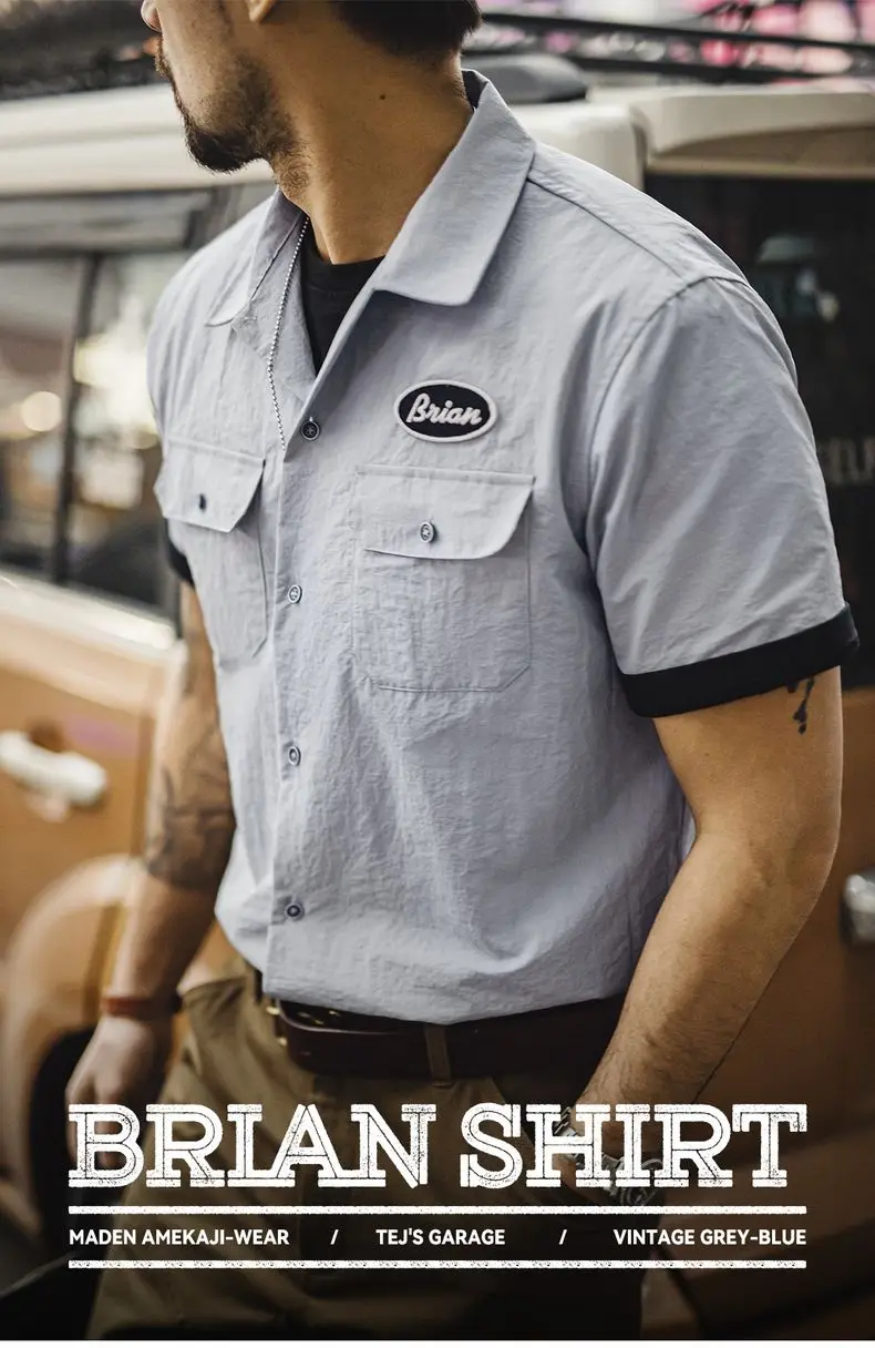 Maden Vintage Short Sleeve Cuban Collar Shirt Men's Summer Gray Printed Single-breasted Lightweight Blouse Casual Street Tops