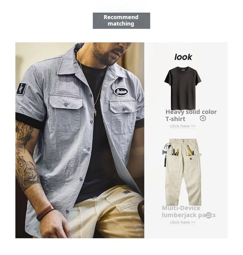 Maden Vintage Short Sleeve Cuban Collar Shirt Men's Summer Gray Printed Single-breasted Lightweight Blouse Casual Street Tops