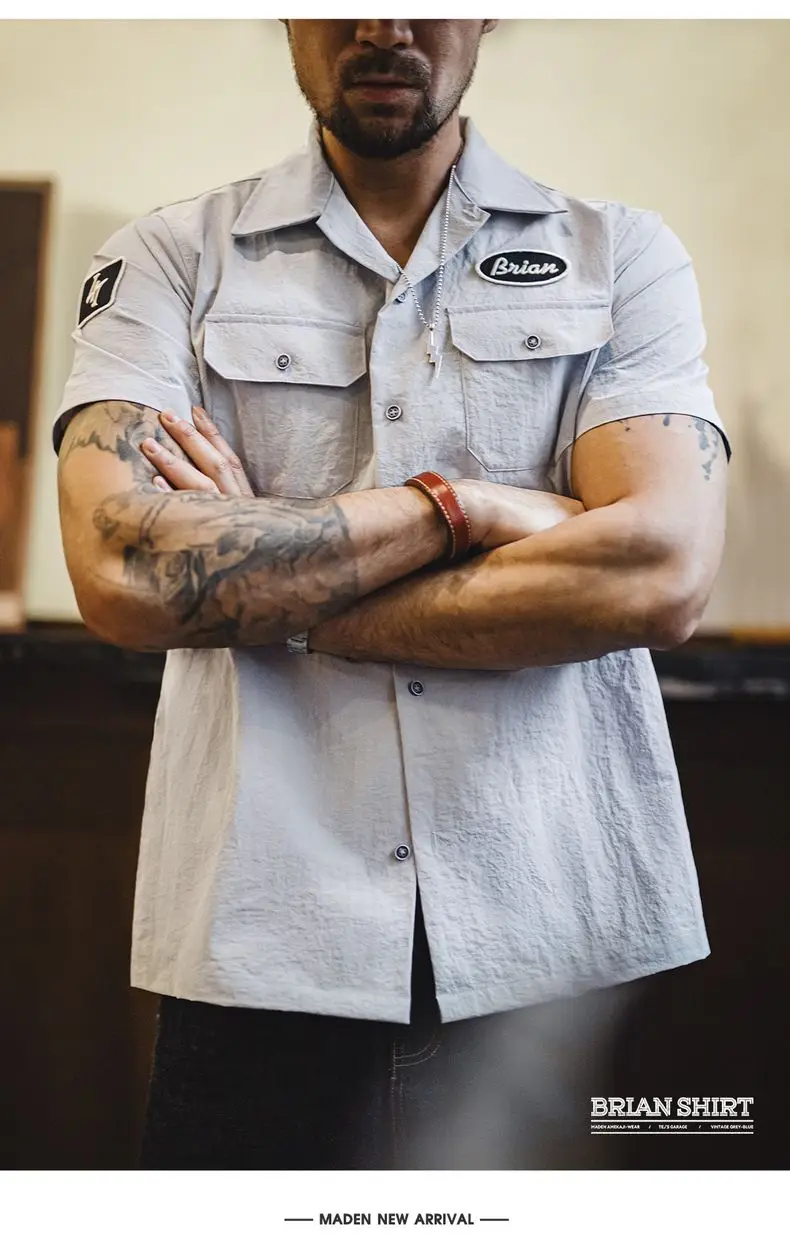 Maden Vintage Short Sleeve Cuban Collar Shirt Men's Summer Gray Printed Single-breasted Lightweight Blouse Casual Street Tops