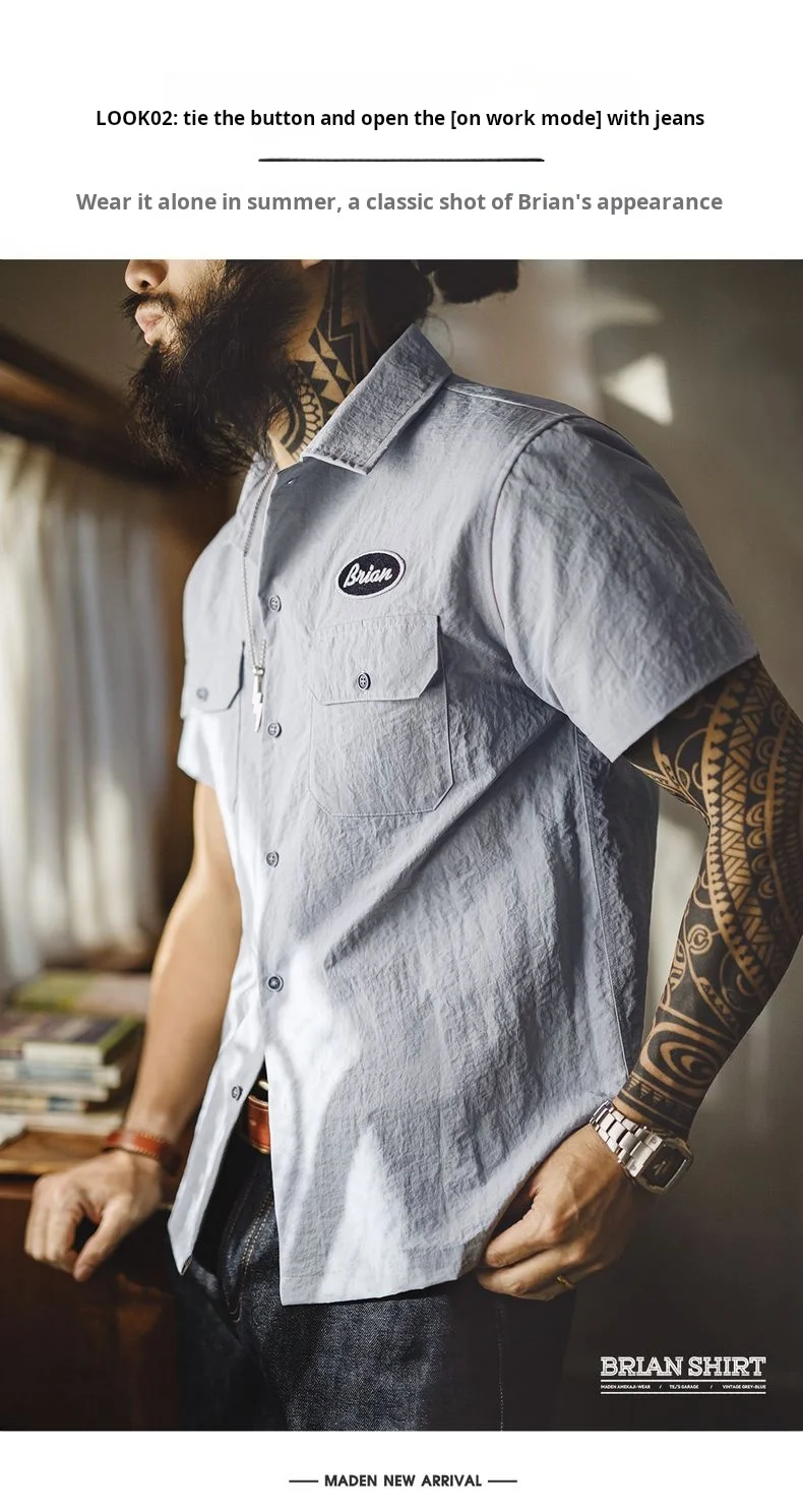 Maden Vintage Short Sleeve Cuban Collar Shirt Men's Summer Gray Printed Single-breasted Lightweight Blouse Casual Street Tops