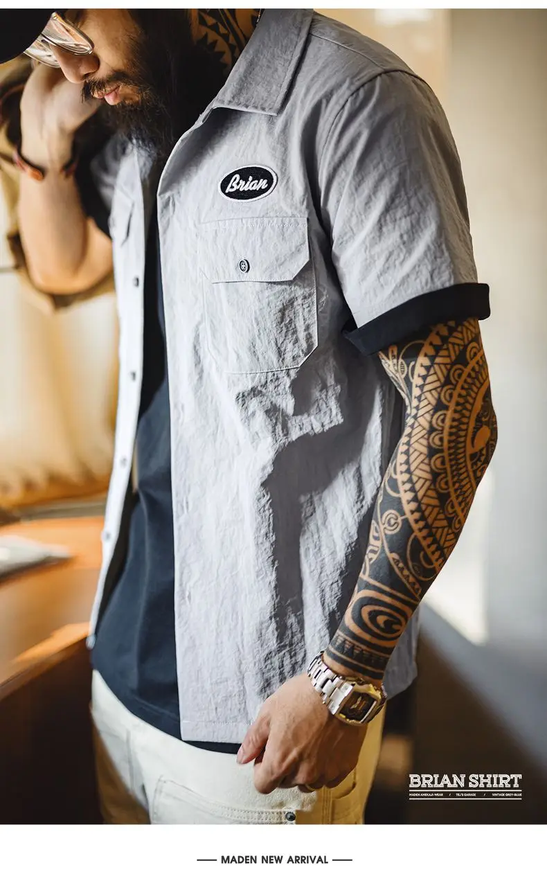 Maden Vintage Short Sleeve Cuban Collar Shirt Men's Summer Gray Printed Single-breasted Lightweight Blouse Casual Street Tops