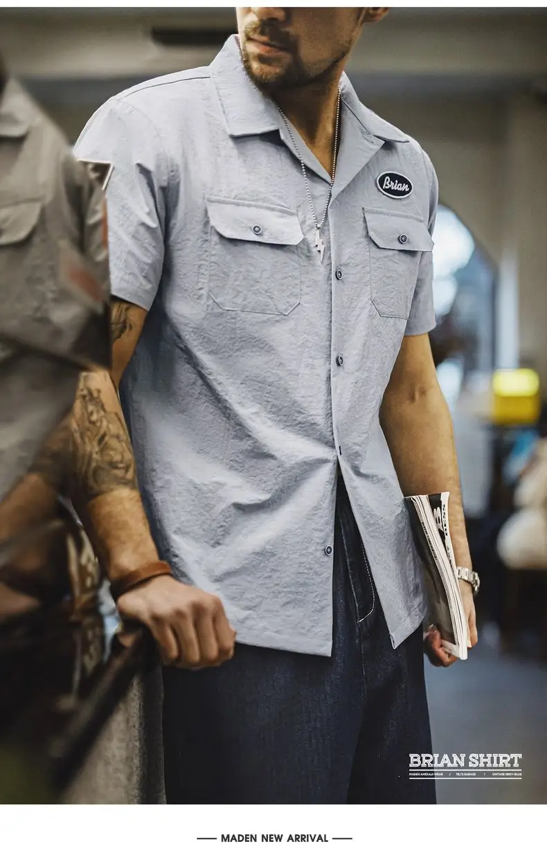 Maden Vintage Short Sleeve Cuban Collar Shirt Men's Summer Gray Printed Single-breasted Lightweight Blouse Casual Street Tops