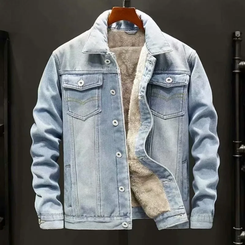 KIDWHXR Winter Man Denim Jackets Thicken Warm Fleece Outerwear Men Retro Single-breasted Long Sleeve Loose Casual Male Coats