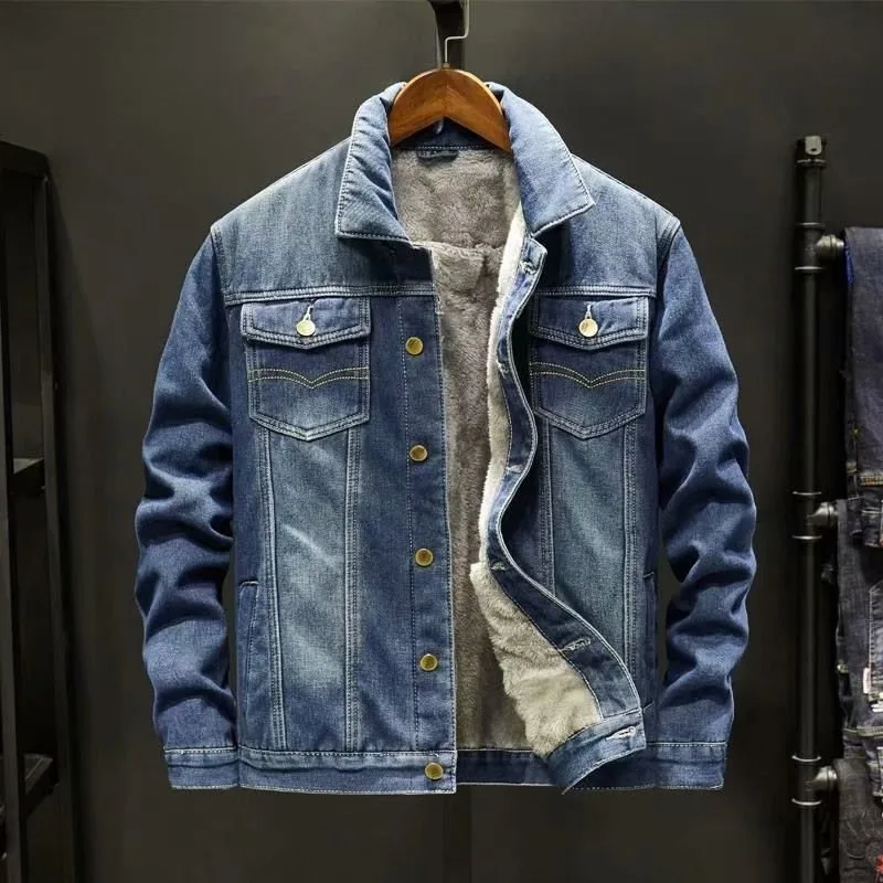 KIDWHXR Winter Man Denim Jackets Thicken Warm Fleece Outerwear Men Retro Single-breasted Long Sleeve Loose Casual Male Coats