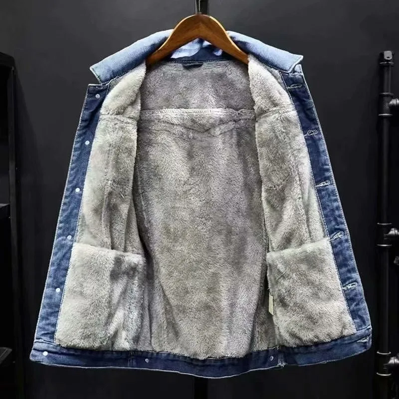KIDWHXR Winter Man Denim Jackets Thicken Warm Fleece Outerwear Men Retro Single-breasted Long Sleeve Loose Casual Male Coats