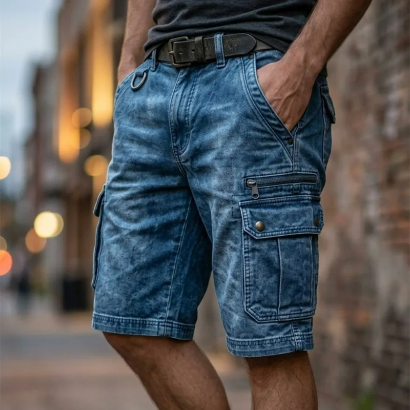 KIDWHXR Man Denim Short Summer Streetwear Simple Solid Washed Men Shorts Retro Loose Straight Pocket Outdoor Casual Male Shorts